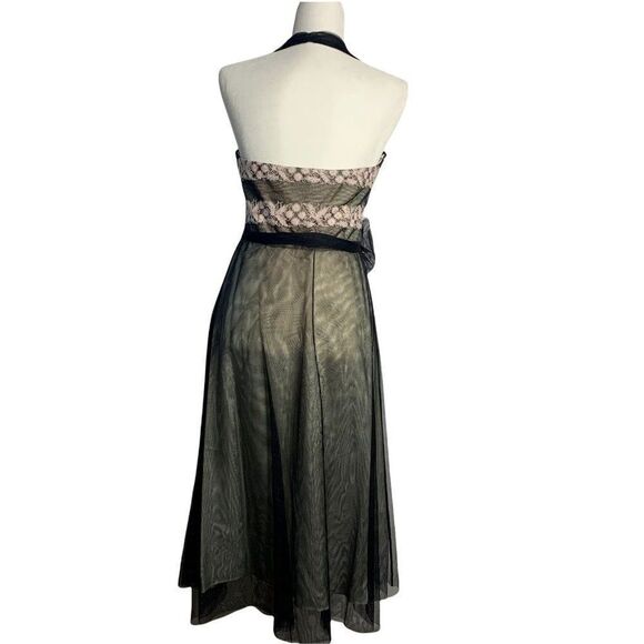 Vintage 90s Laundry Tulle Halter Dress 12 Black Embroidered Lined Tie Waist Zip - Picture 4 of 7